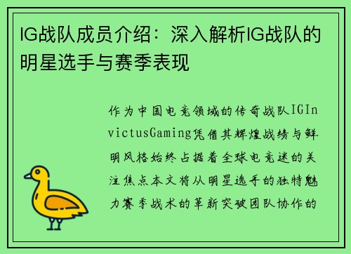 IG战队成员介绍：深入解析IG战队的明星选手与赛季表现
